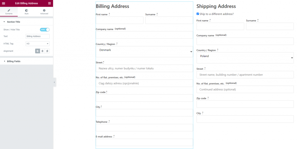 Content tab of billing and shipping widget