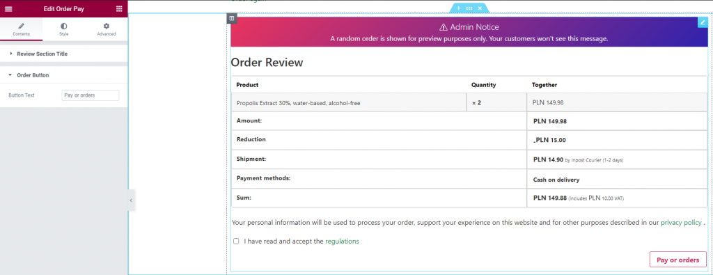 Customize order pay widget