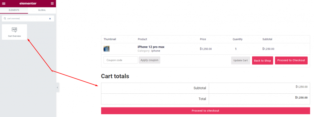 Search for cart overview widget