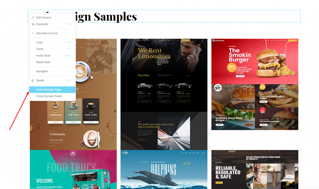 Select cross-domain copy on the first website to copy-paste Elementor designs across multiple sites