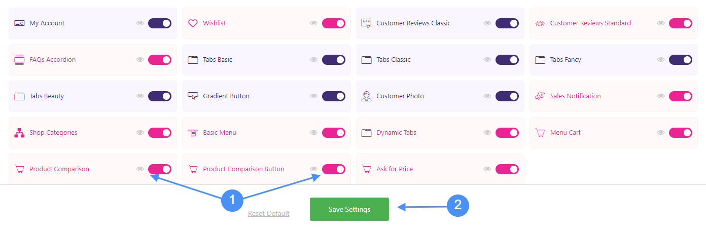 Enable product comparison and product comparison button widgets