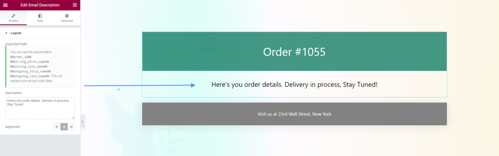 Add the WooCommerce Email Description widget by CoDesigner
