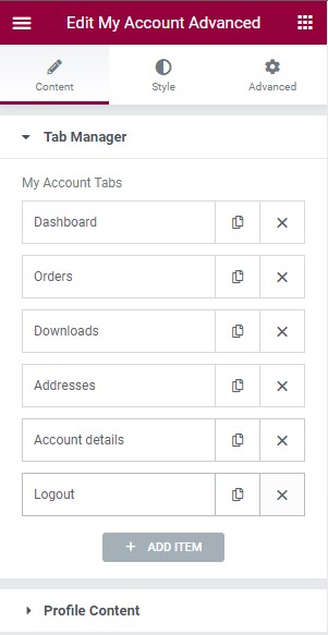 My Account Tab manager