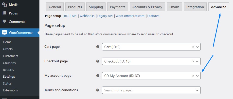 Set the new My Account page as default from the WooCommerce settings