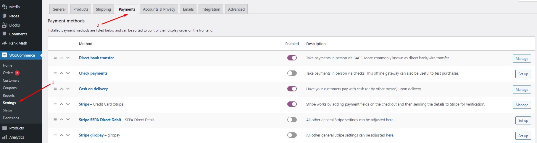 Add payment methods from WooCommerce settings