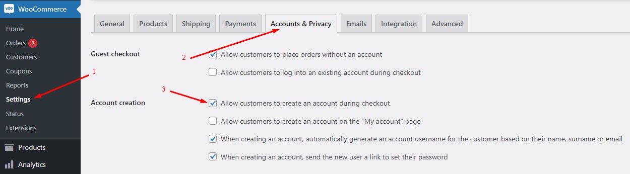 Enable - "Allow customers to create an account during checkout"