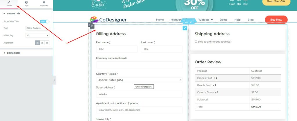 Change the content of the billing and shipping widget