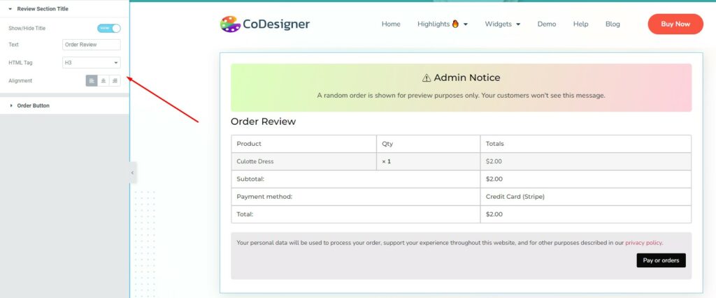 Change the section title and button text on the Order Pay widget