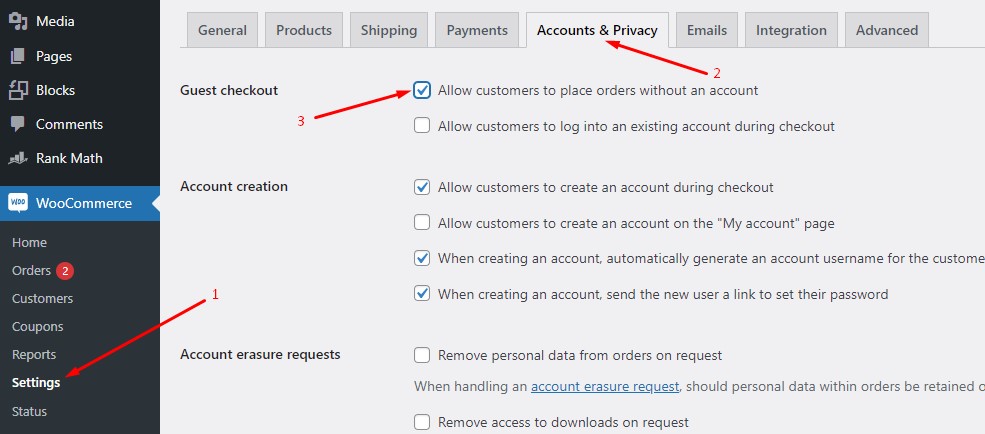 Enable "Allow customers to place orders without an account" on WooCommerce settings