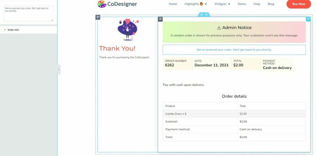 Create custom Thank You message with CoDesigner
