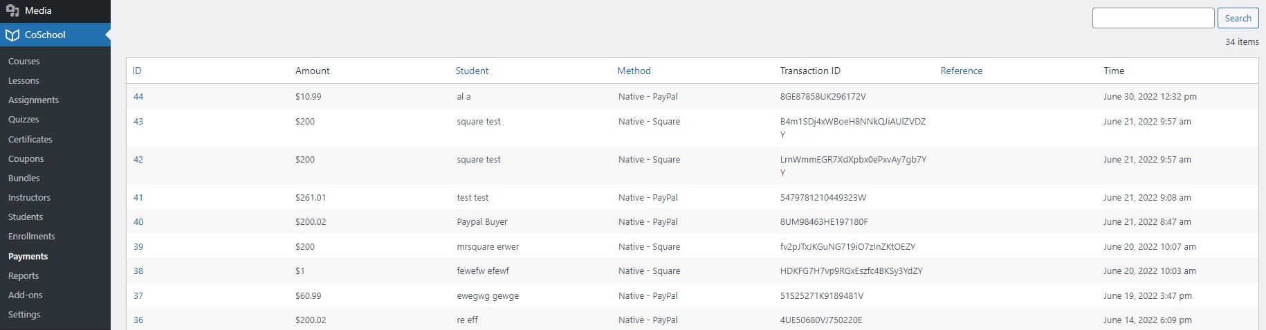 CoSchool transaction history