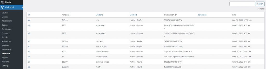 CoSchool transaction history