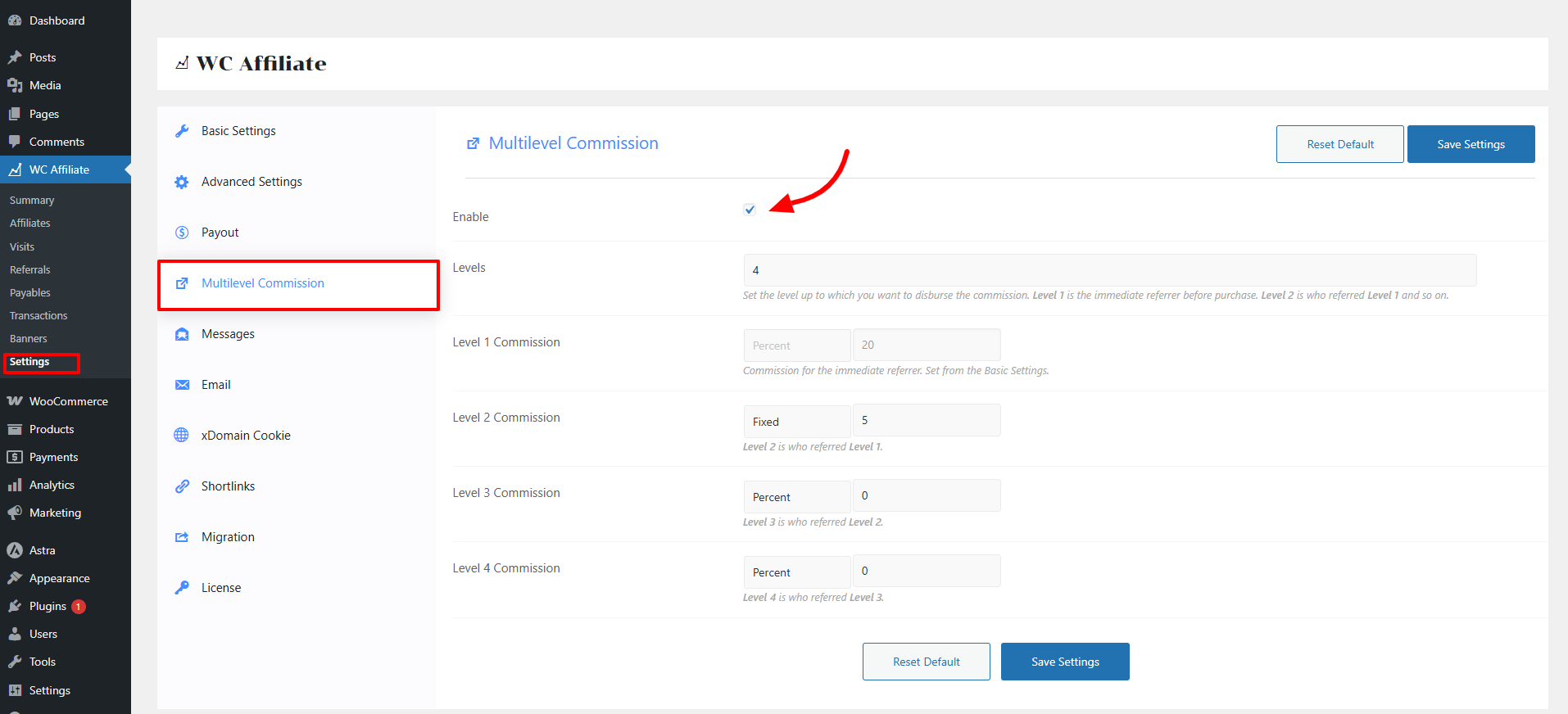 Configure the Multi-Level Affiliate Settings