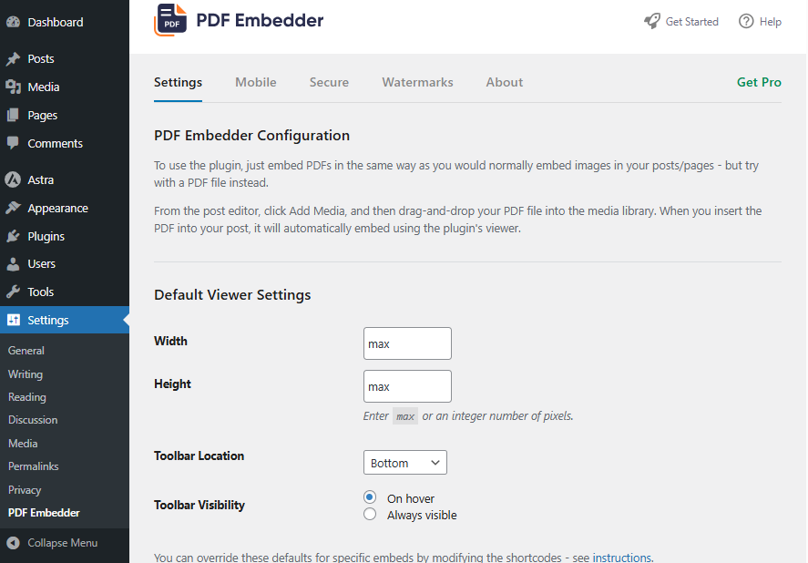 pdf embedder settings