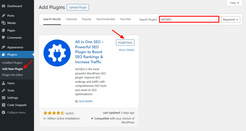 Install and Activate AIOSEO Plugin