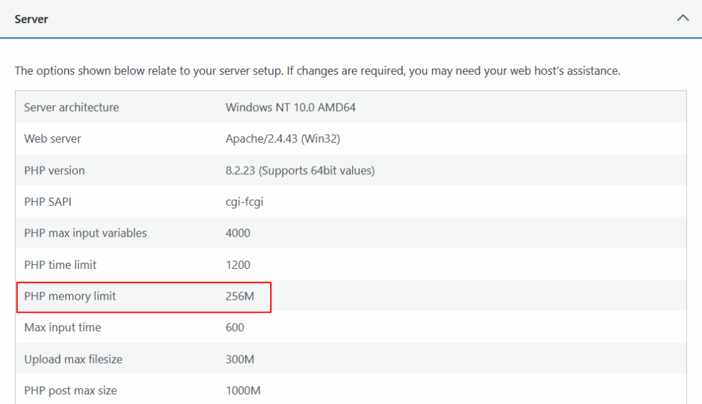 server info for WordPress memory limit