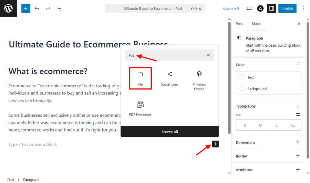 add file block to upload pdf to wordpress
