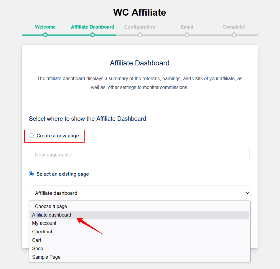 create an affiliate dashboard page