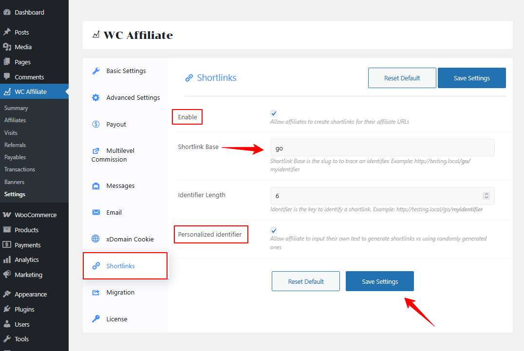 cloak affiliate links settings for your WooCommerce website