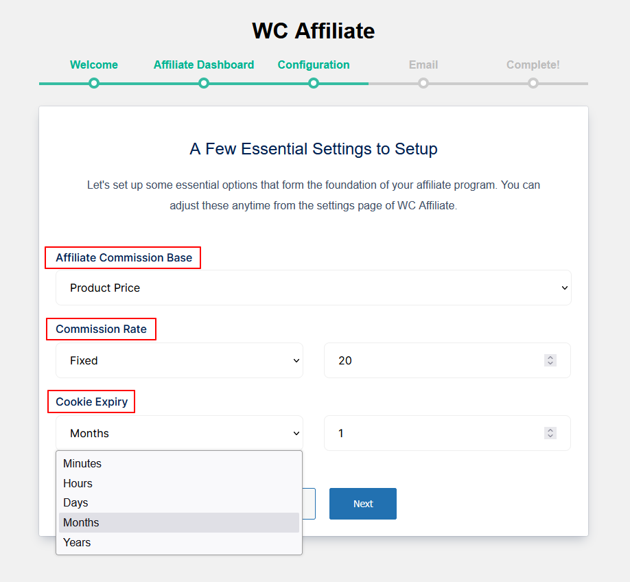 configure affiliate settings.