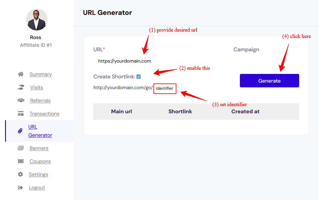 Settings for generating cloak affiliate links in WooCommerce