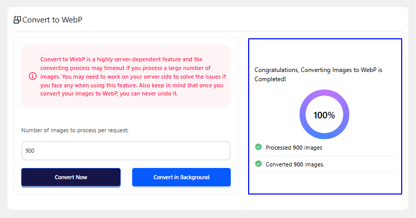 converting images to webp is completed message