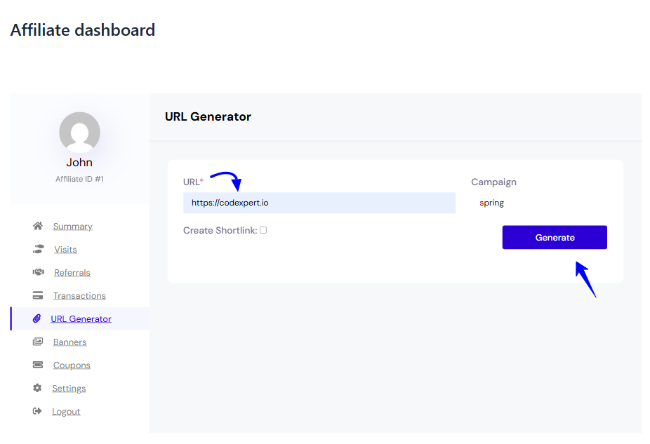 generate woocommerce affiliate tracking link.