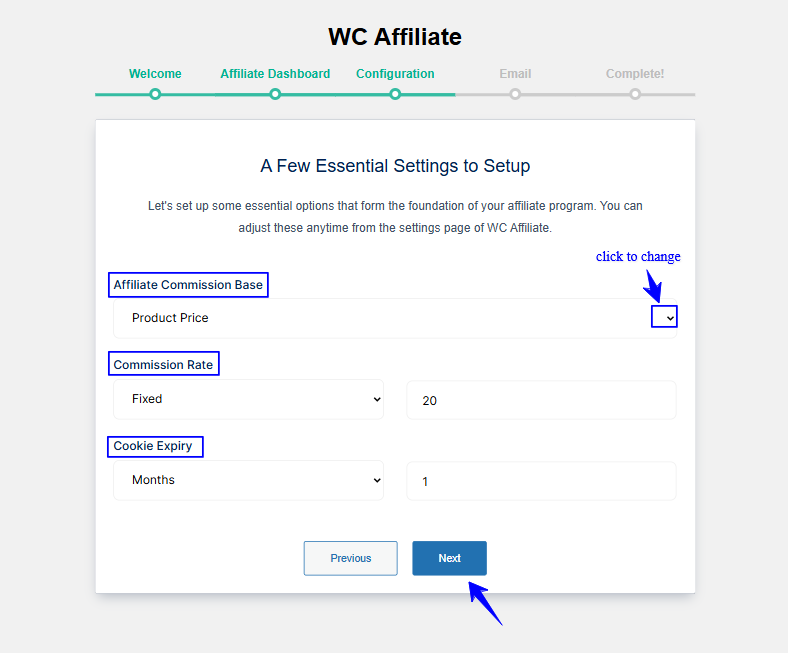 configure commission settings from setup wizard.