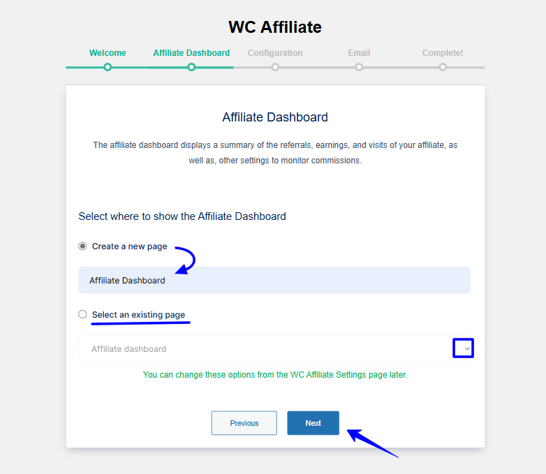 create a new affiliate dashboard page.