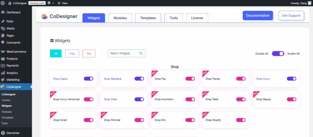 enable shop widgets